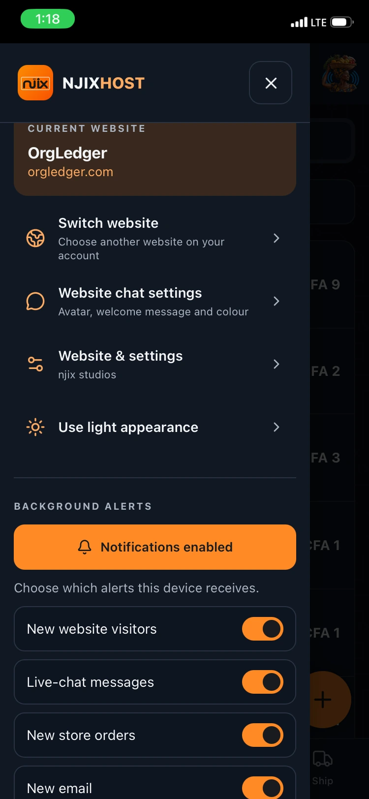 NJIXHost Connect website switcher and notification preferences